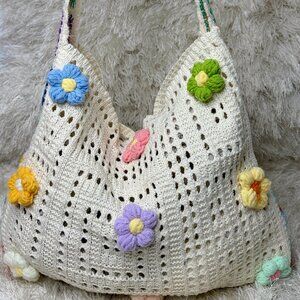 Retro Hollow-Out Floral Crochet Shoulder Crossbody Bag -Beige (New)